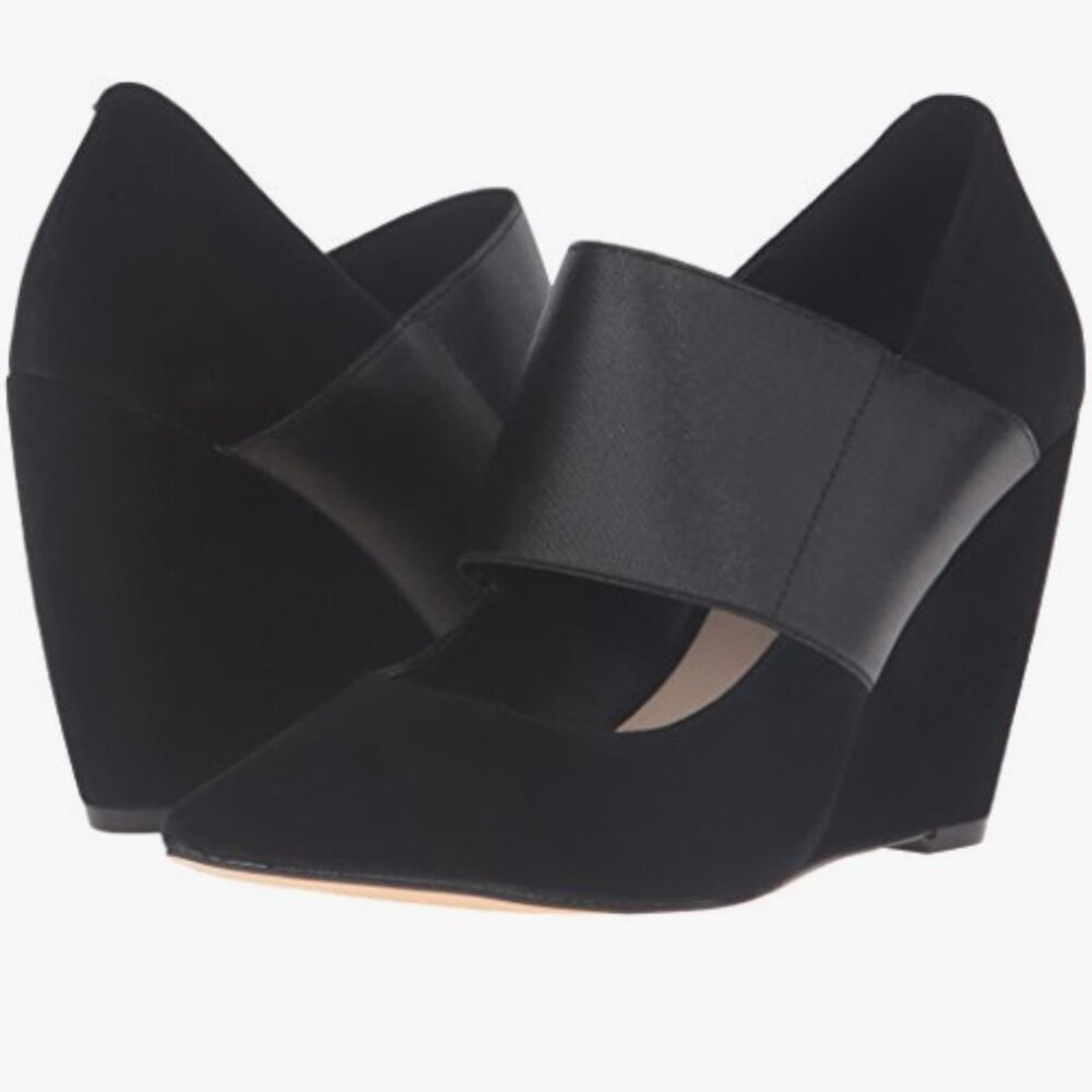 Nine West Vondra Black Suede Wedge Pumps Elastic Strap sz 7.5 M